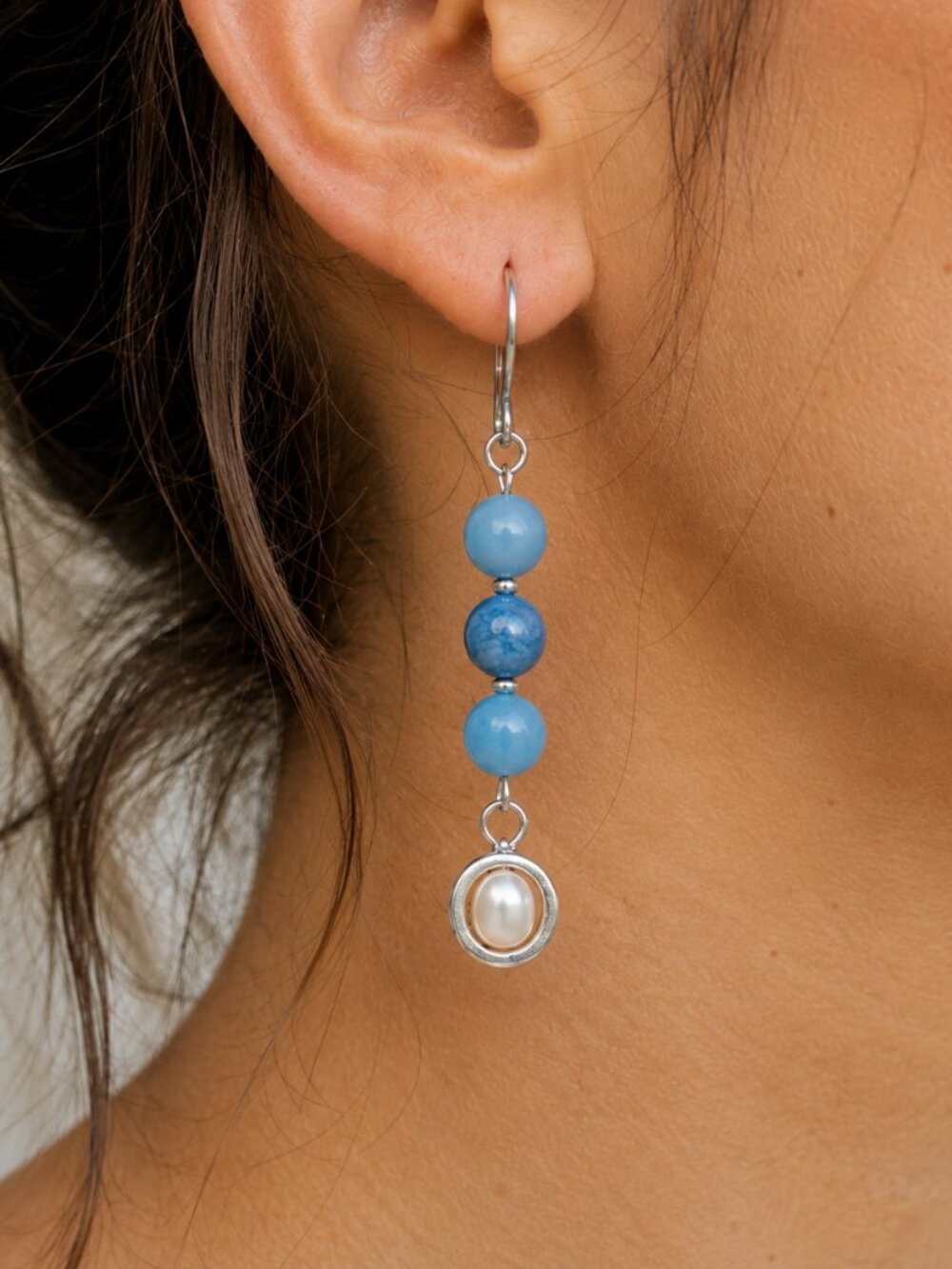 Blue Aventurine & Freshwater Pearl Coastal Dangle Earrings, Stainless Hooks